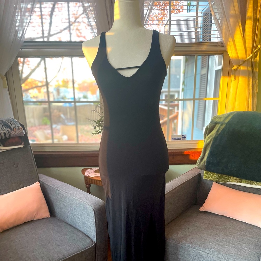 Black Maxi V-Neck Dress, with Strap Detail and Side Split Hem